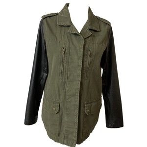 Sans Souci Green Bodice Black Faux Leather Sleeves Hidden Buttons Women's Sz S